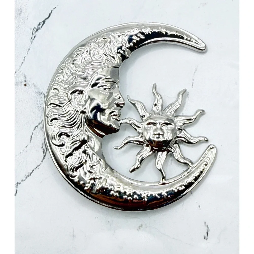 Sun and Moon Face Brooch Silver Tone Celestial Crescent Pin 2